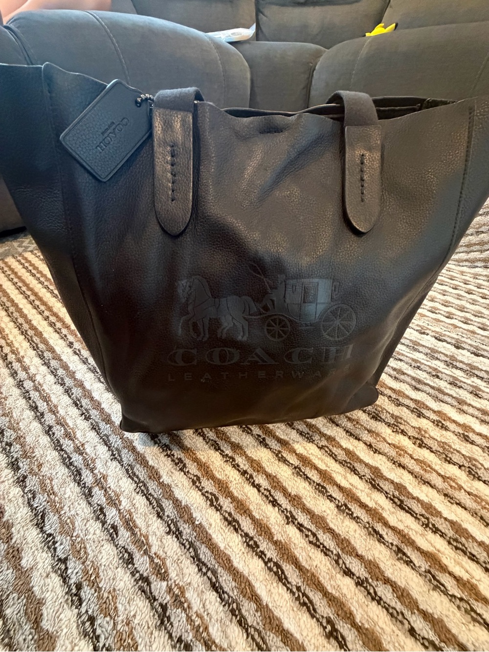 Coach Black Leather Tote with Embossed Horse & Carriage Logo